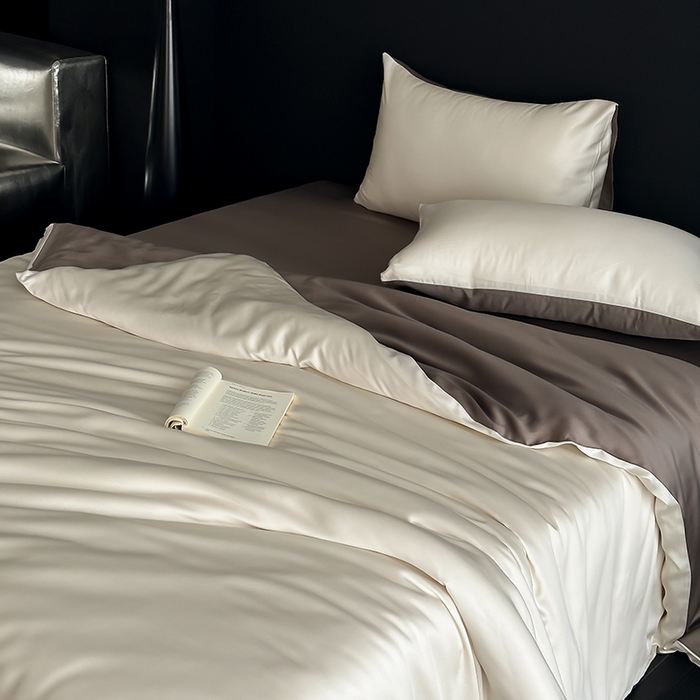 91家纺网 家纺一手货源 找家纺 禾时  2025新款奥地利进口兰精天丝莱赛尔四件套纯色双拼三件套 乳蛋白-冷岩灰