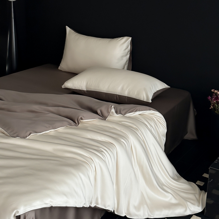 91家纺网 家纺一手货源 找家纺 禾时  2025新款奥地利进口兰精天丝莱赛尔四件套纯色双拼三件套 乳蛋白-冷岩灰