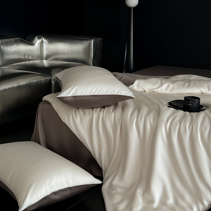 91家纺网 家纺一手货源 找家纺 禾时  2025新款奥地利进口兰精天丝莱赛尔四件套纯色双拼三件套 乳蛋白-冷岩灰