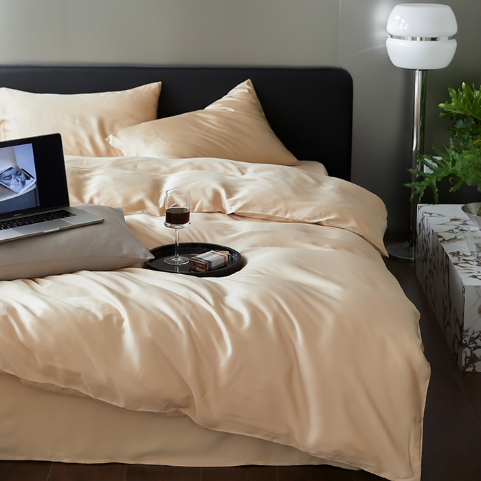 91家纺网 家纺一手货源 找家纺 禾时  2025新款奥地利进口兰精天丝莱赛尔四件套纯色双拼三件套 沙茶色