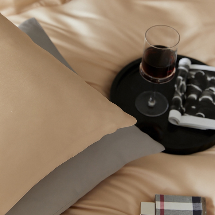 91家纺网 家纺一手货源 找家纺 禾时  2025新款奥地利进口兰精天丝莱赛尔四件套纯色双拼三件套 沙茶色