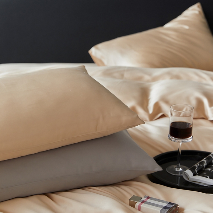 91家纺网 家纺一手货源 找家纺 禾时  2025新款奥地利进口兰精天丝莱赛尔四件套纯色双拼三件套 沙茶色