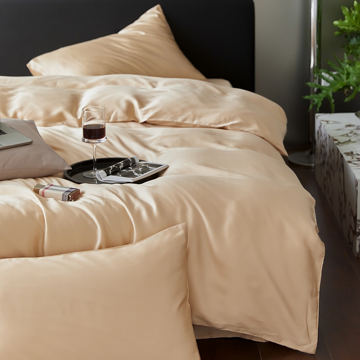 91家纺网 家纺一手货源 找家纺 禾时  2025新款奥地利进口兰精天丝莱赛尔四件套纯色双拼三件套 沙茶色