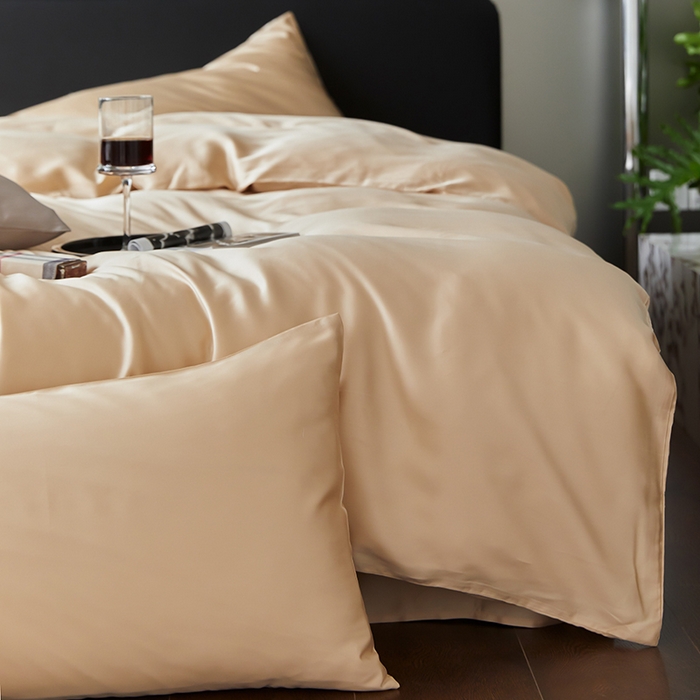 91家纺网 家纺一手货源 找家纺 禾时  2025新款奥地利进口兰精天丝莱赛尔四件套纯色双拼三件套 沙茶色