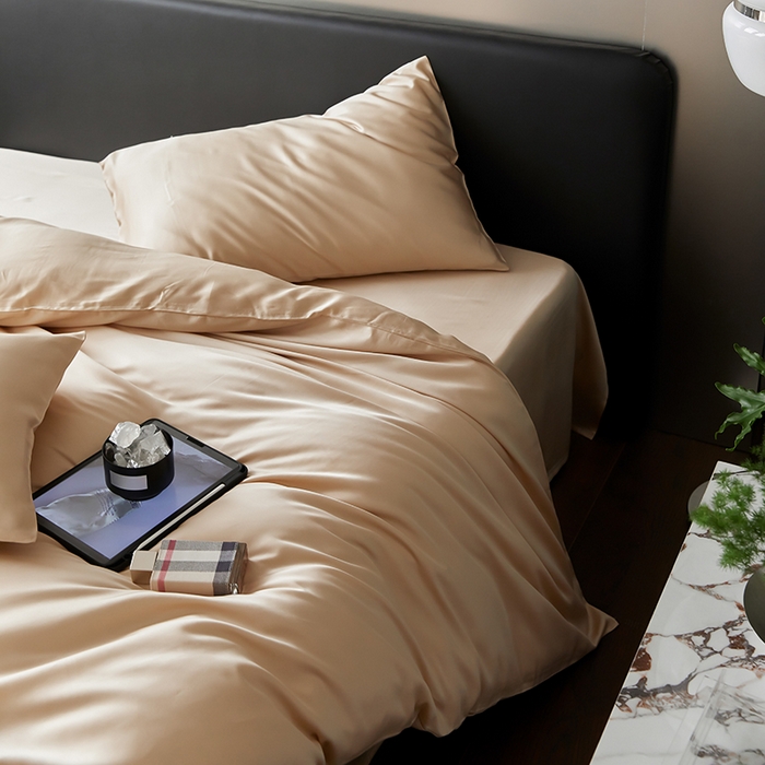 91家纺网 家纺一手货源 找家纺 禾时  2025新款奥地利进口兰精天丝莱赛尔四件套纯色双拼三件套 沙茶色