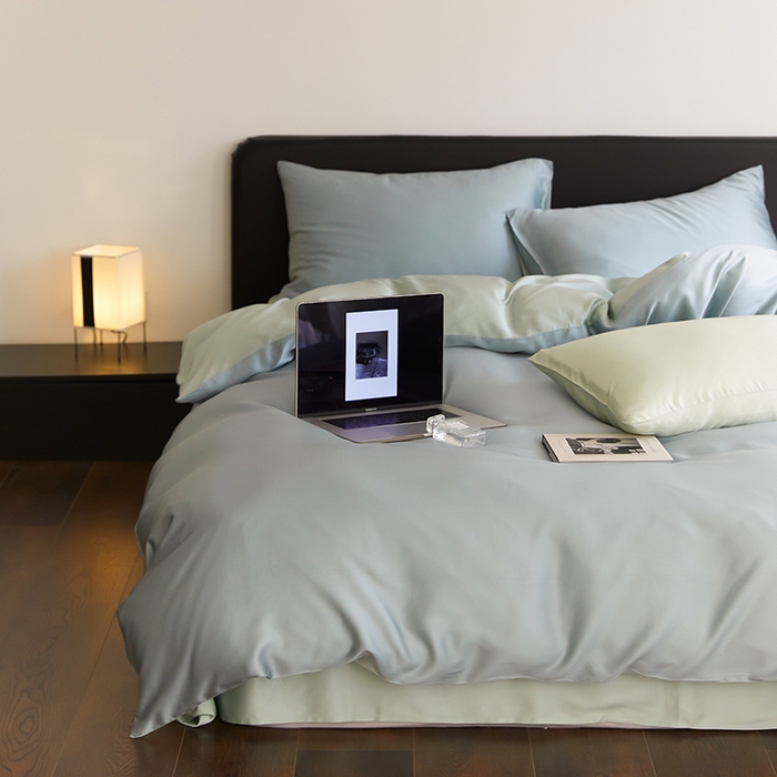 91家纺网 家纺一手货源 找家纺 禾时  2025新款奥地利进口兰精天丝莱赛尔四件套纯色双拼三件套 天空蓝-浅艾绿