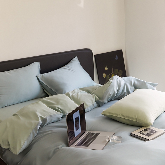 91家纺网 家纺一手货源 找家纺 禾时  2025新款奥地利进口兰精天丝莱赛尔四件套纯色双拼三件套 天空蓝-浅艾绿