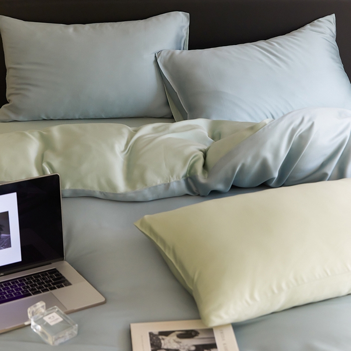 91家纺网 家纺一手货源 找家纺 禾时  2025新款奥地利进口兰精天丝莱赛尔四件套纯色双拼三件套 天空蓝-浅艾绿