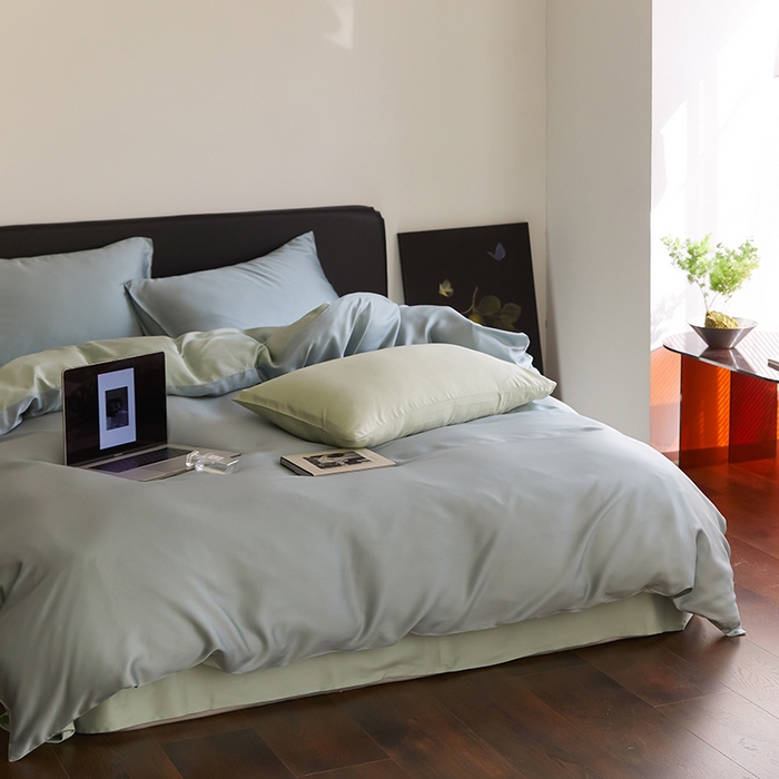 91家纺网 家纺一手货源 找家纺 禾时  2025新款奥地利进口兰精天丝莱赛尔四件套纯色双拼三件套 天空蓝-浅艾绿