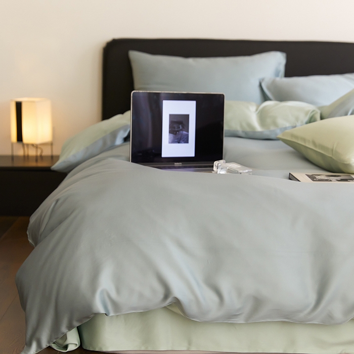 91家纺网 家纺一手货源 找家纺 禾时  2025新款奥地利进口兰精天丝莱赛尔四件套纯色双拼三件套 天空蓝-浅艾绿