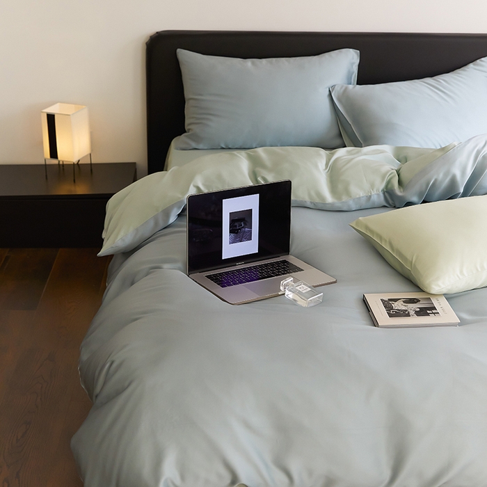 91家纺网 家纺一手货源 找家纺 禾时  2025新款奥地利进口兰精天丝莱赛尔四件套纯色双拼三件套 天空蓝-浅艾绿