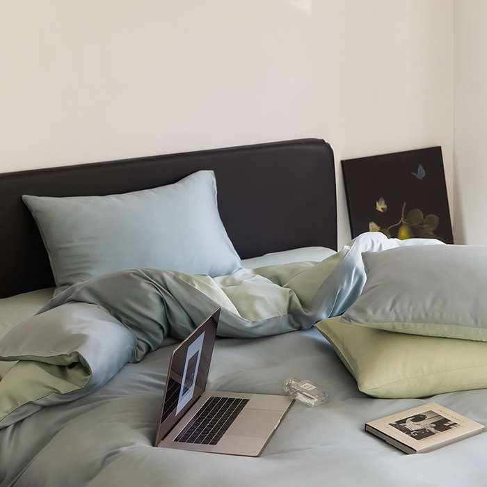 91家纺网 家纺一手货源 找家纺 禾时  2025新款奥地利进口兰精天丝莱赛尔四件套纯色双拼三件套 天空蓝-浅艾绿