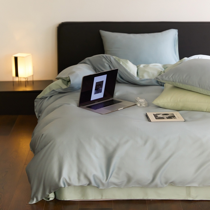 91家纺网 家纺一手货源 找家纺 禾时  2025新款奥地利进口兰精天丝莱赛尔四件套纯色双拼三件套 天空蓝-浅艾绿