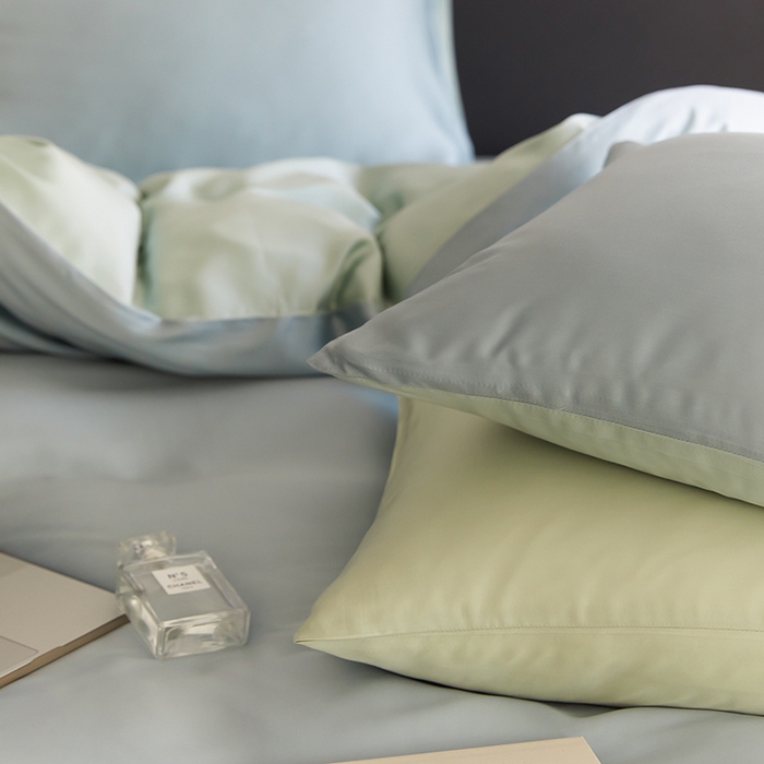 91家纺网 家纺一手货源 找家纺 禾时  2025新款奥地利进口兰精天丝莱赛尔四件套纯色双拼三件套 天空蓝-浅艾绿