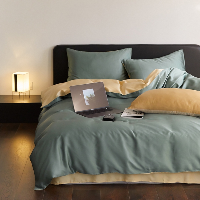 91家纺网 家纺一手货源 找家纺 禾时  2025新款奥地利进口兰精天丝莱赛尔四件套纯色双拼三件套 天青色-香槟金