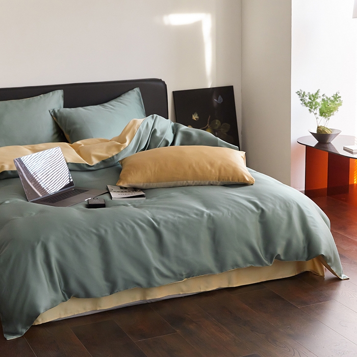 91家纺网 家纺一手货源 找家纺 禾时  2025新款奥地利进口兰精天丝莱赛尔四件套纯色双拼三件套 天青色-香槟金