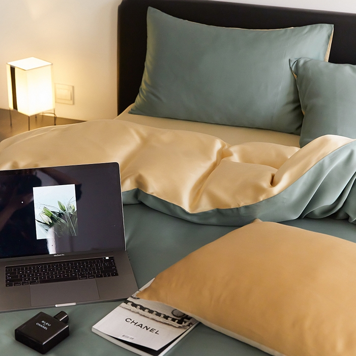 91家纺网 家纺一手货源 找家纺 禾时  2025新款奥地利进口兰精天丝莱赛尔四件套纯色双拼三件套 天青色-香槟金