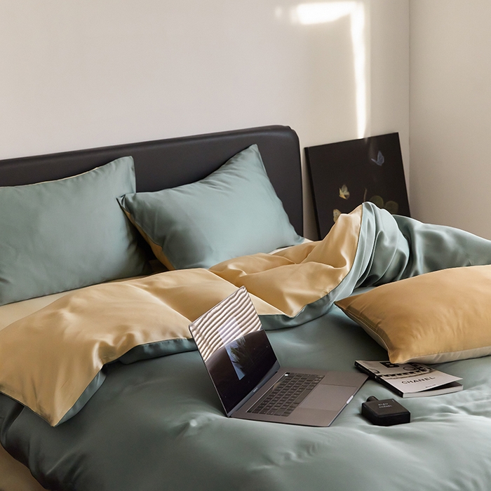 91家纺网 家纺一手货源 找家纺 禾时  2025新款奥地利进口兰精天丝莱赛尔四件套纯色双拼三件套 天青色-香槟金