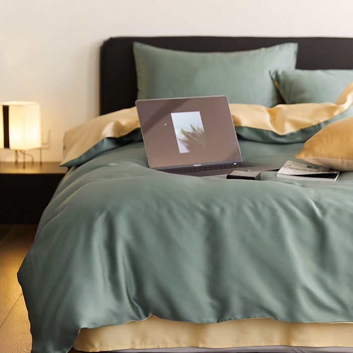 91家纺网 家纺一手货源 找家纺 禾时  2025新款奥地利进口兰精天丝莱赛尔四件套纯色双拼三件套 天青色-香槟金