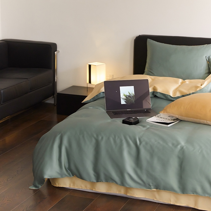 91家纺网 家纺一手货源 找家纺 禾时  2025新款奥地利进口兰精天丝莱赛尔四件套纯色双拼三件套 天青色-香槟金