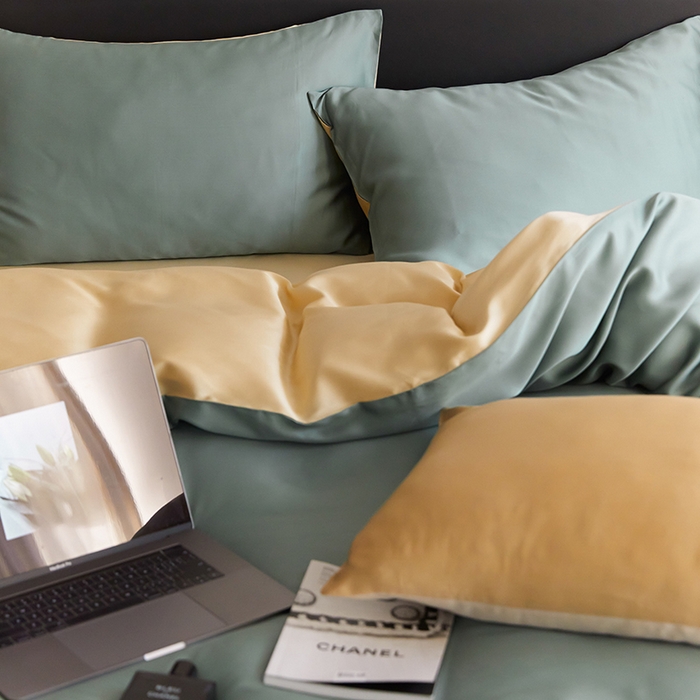 91家纺网 家纺一手货源 找家纺 禾时  2025新款奥地利进口兰精天丝莱赛尔四件套纯色双拼三件套 天青色-香槟金