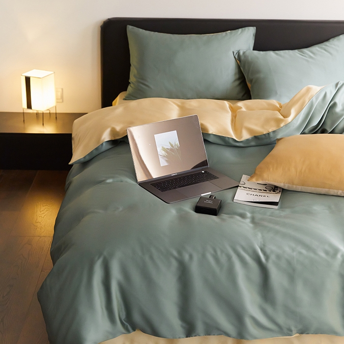 91家纺网 家纺一手货源 找家纺 禾时  2025新款奥地利进口兰精天丝莱赛尔四件套纯色双拼三件套 天青色-香槟金