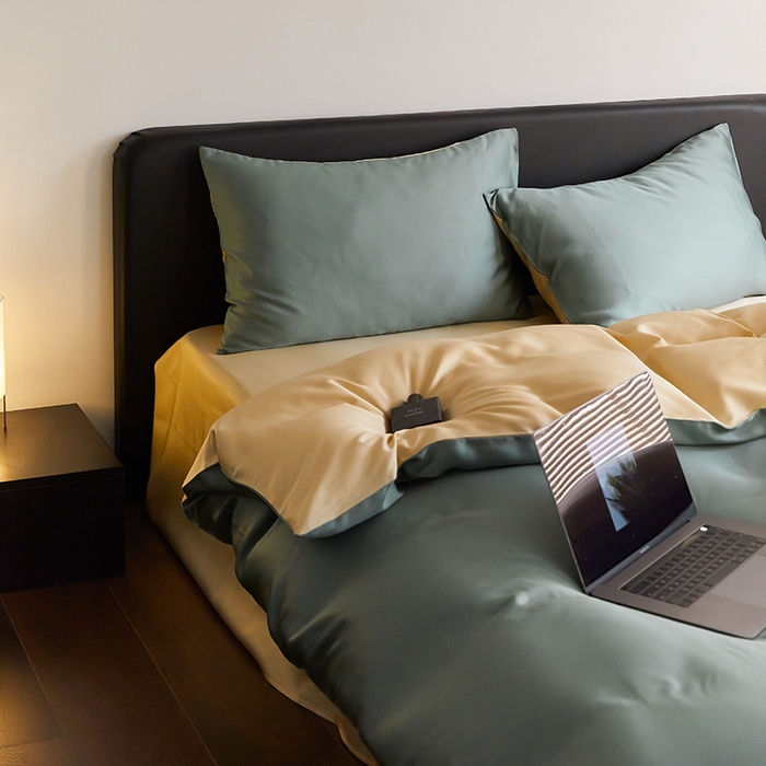 91家纺网 家纺一手货源 找家纺 禾时  2025新款奥地利进口兰精天丝莱赛尔四件套纯色双拼三件套 天青色-香槟金