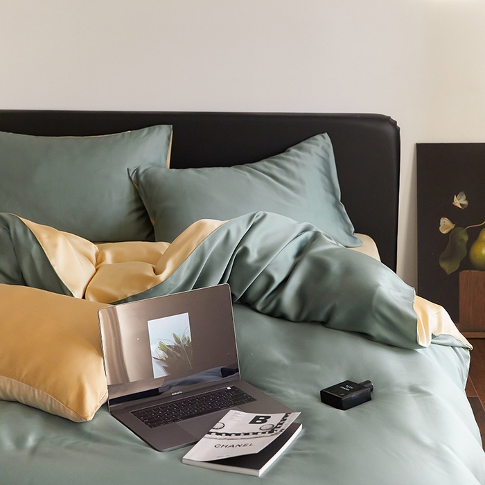 91家纺网 家纺一手货源 找家纺 禾时  2025新款奥地利进口兰精天丝莱赛尔四件套纯色双拼三件套 天青色-香槟金