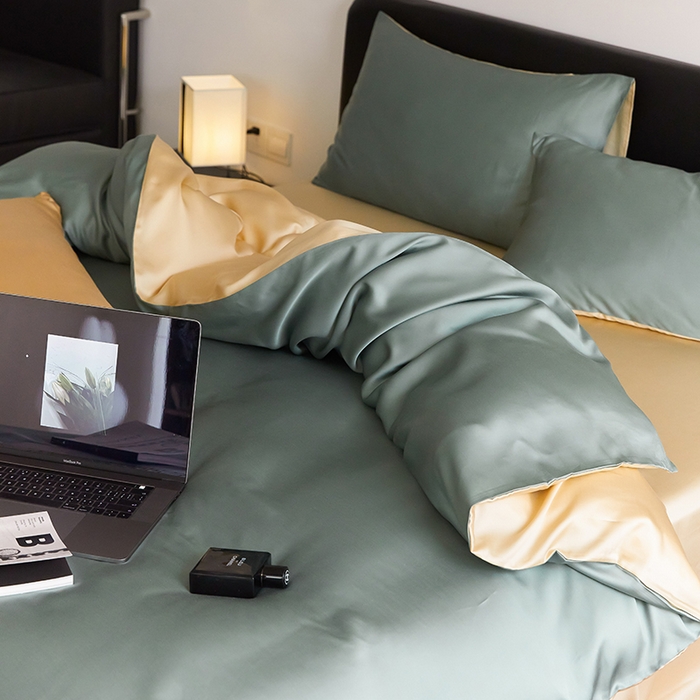 91家纺网 家纺一手货源 找家纺 禾时  2025新款奥地利进口兰精天丝莱赛尔四件套纯色双拼三件套 天青色-香槟金