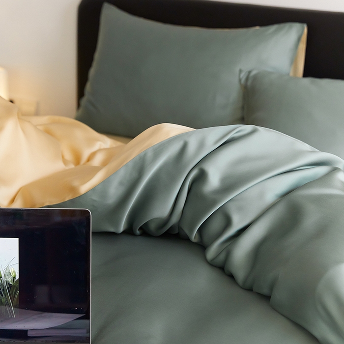 91家纺网 家纺一手货源 找家纺 禾时  2025新款奥地利进口兰精天丝莱赛尔四件套纯色双拼三件套 天青色-香槟金