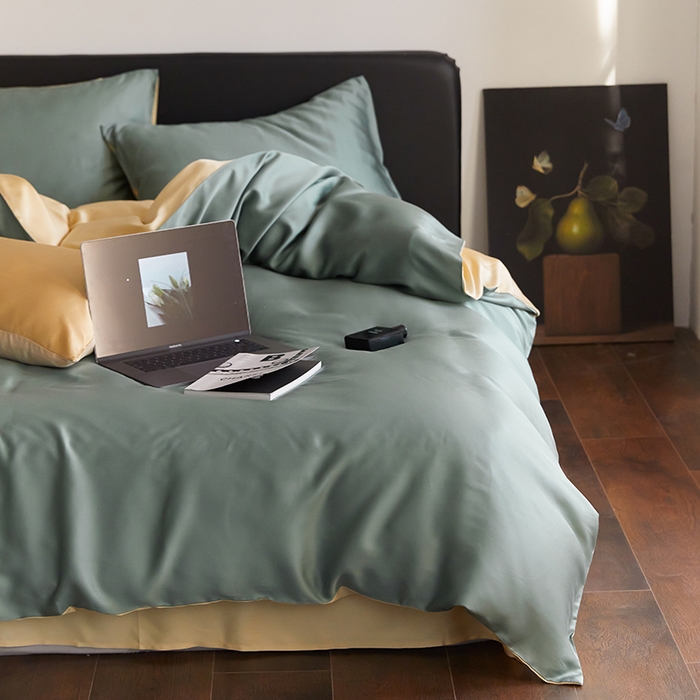 91家纺网 家纺一手货源 找家纺 禾时  2025新款奥地利进口兰精天丝莱赛尔四件套纯色双拼三件套 天青色-香槟金