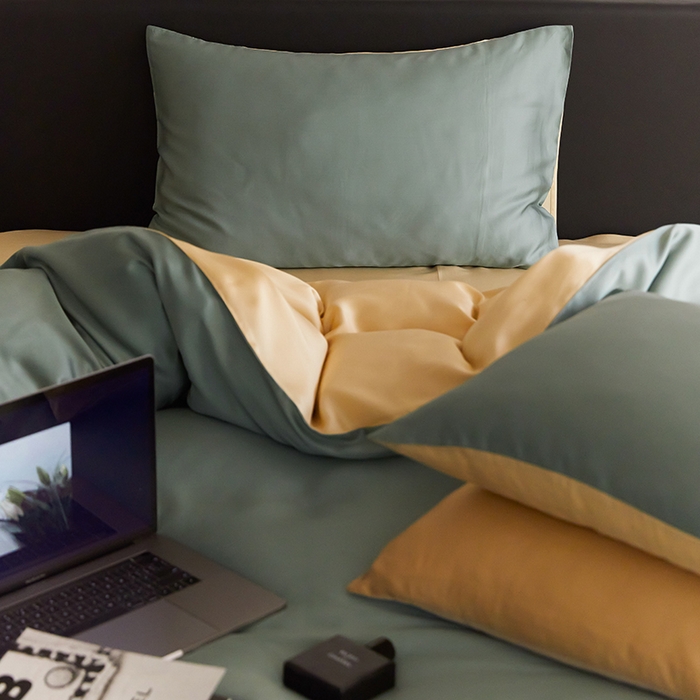 91家纺网 家纺一手货源 找家纺 禾时  2025新款奥地利进口兰精天丝莱赛尔四件套纯色双拼三件套 天青色-香槟金