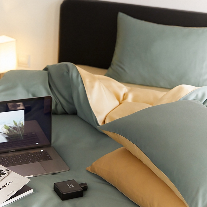 91家纺网 家纺一手货源 找家纺 禾时  2025新款奥地利进口兰精天丝莱赛尔四件套纯色双拼三件套 天青色-香槟金