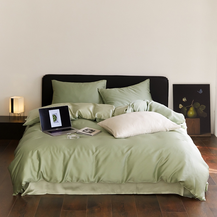 禾时  2025新款奥地利进口兰精天丝莱赛尔四件套纯色双拼三件套 香奈儿绿-嫩叶绿