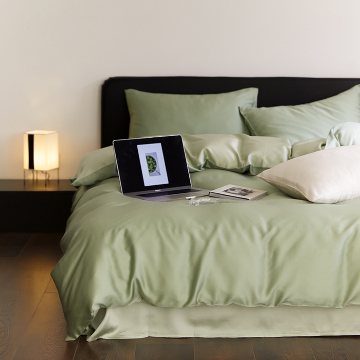 91家纺网 家纺一手货源 找家纺 禾时  2025新款奥地利进口兰精天丝莱赛尔四件套纯色双拼三件套 香奈儿绿-嫩叶绿