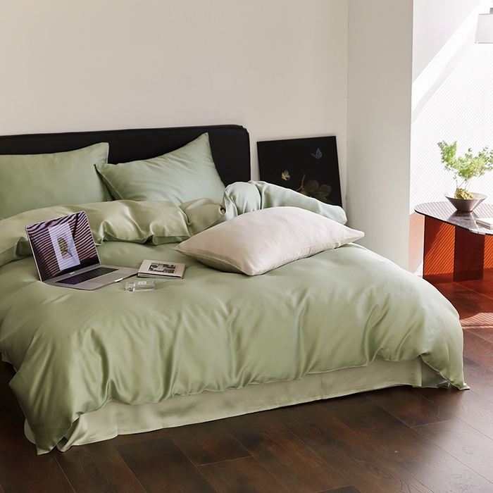 91家纺网 家纺一手货源 找家纺 禾时  2025新款奥地利进口兰精天丝莱赛尔四件套纯色双拼三件套 香奈儿绿-嫩叶绿