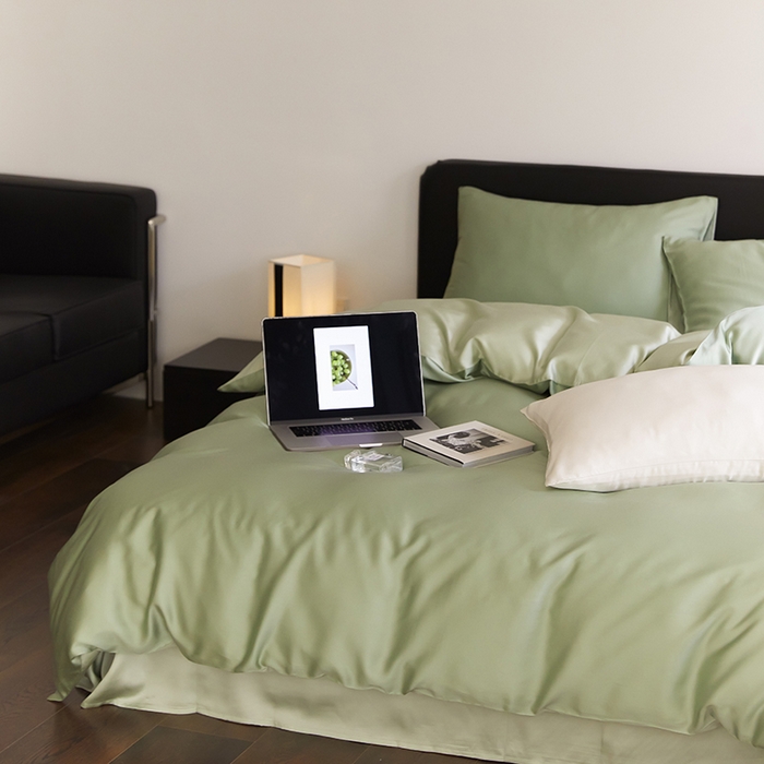 91家纺网 家纺一手货源 找家纺 禾时  2025新款奥地利进口兰精天丝莱赛尔四件套纯色双拼三件套 香奈儿绿-嫩叶绿