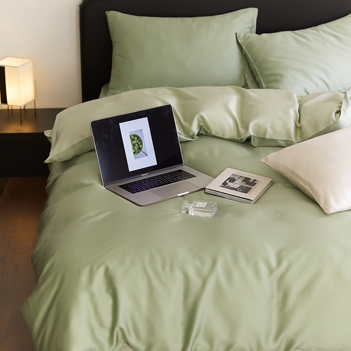 91家纺网 家纺一手货源 找家纺 禾时  2025新款奥地利进口兰精天丝莱赛尔四件套纯色双拼三件套 香奈儿绿-嫩叶绿