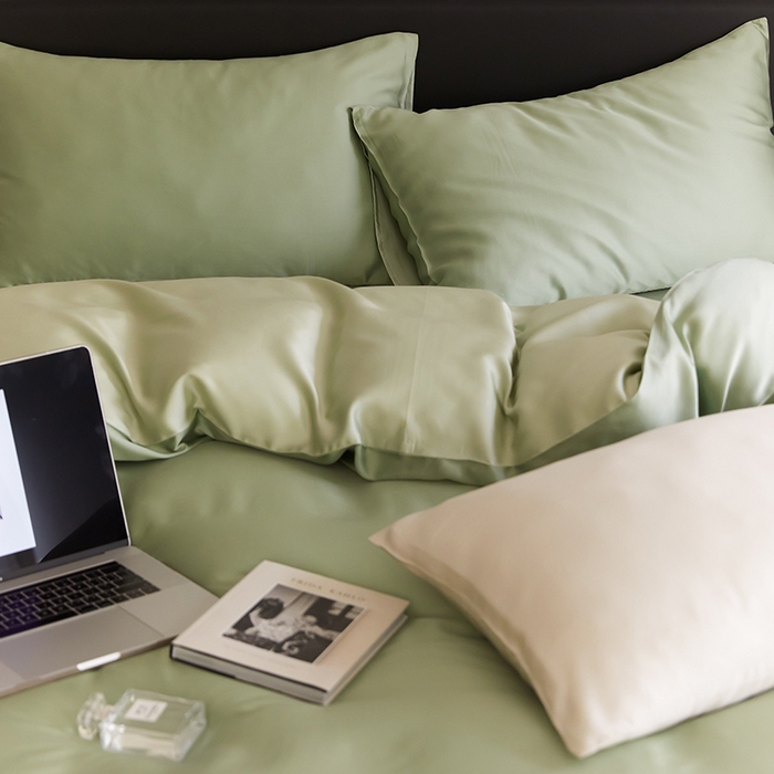 91家纺网 家纺一手货源 找家纺 禾时  2025新款奥地利进口兰精天丝莱赛尔四件套纯色双拼三件套 香奈儿绿-嫩叶绿