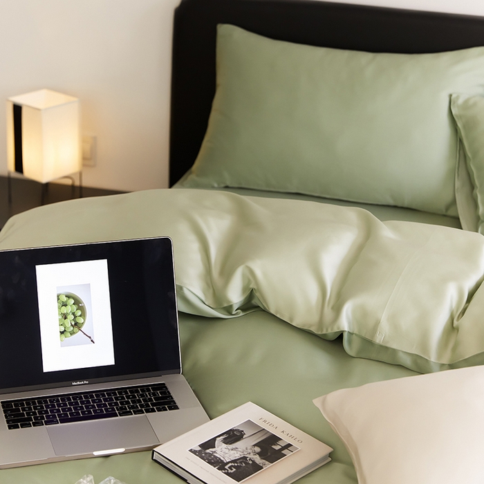 91家纺网 家纺一手货源 找家纺 禾时  2025新款奥地利进口兰精天丝莱赛尔四件套纯色双拼三件套 香奈儿绿-嫩叶绿