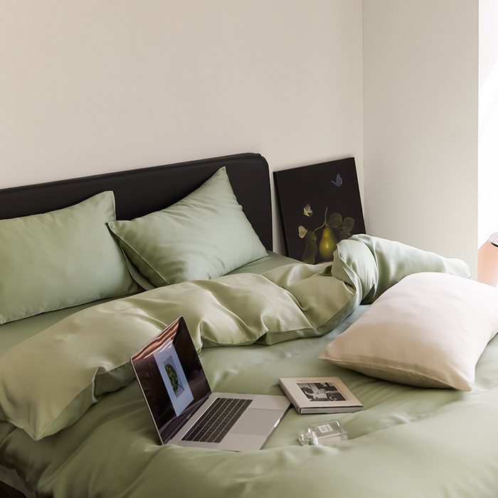 91家纺网 家纺一手货源 找家纺 禾时  2025新款奥地利进口兰精天丝莱赛尔四件套纯色双拼三件套 香奈儿绿-嫩叶绿