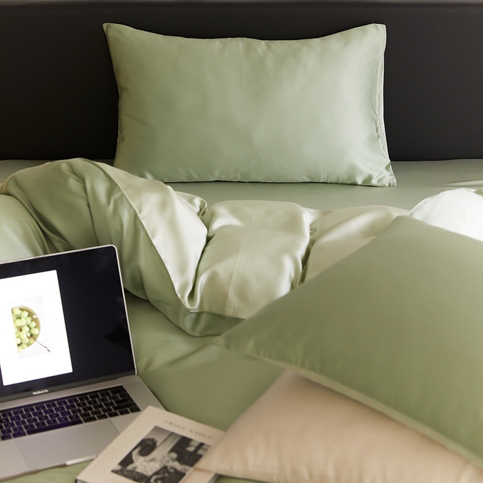 91家纺网 家纺一手货源 找家纺 禾时  2025新款奥地利进口兰精天丝莱赛尔四件套纯色双拼三件套 香奈儿绿-嫩叶绿