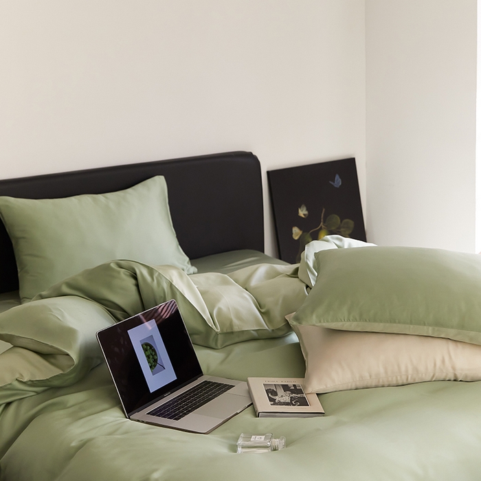 91家纺网 家纺一手货源 找家纺 禾时  2025新款奥地利进口兰精天丝莱赛尔四件套纯色双拼三件套 香奈儿绿-嫩叶绿