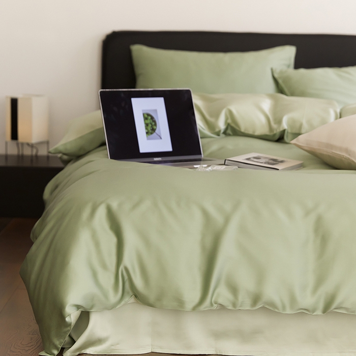 91家纺网 家纺一手货源 找家纺 禾时  2025新款奥地利进口兰精天丝莱赛尔四件套纯色双拼三件套 香奈儿绿-嫩叶绿