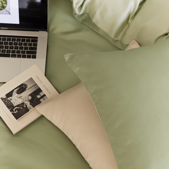 91家纺网 家纺一手货源 找家纺 禾时  2025新款奥地利进口兰精天丝莱赛尔四件套纯色双拼三件套 香奈儿绿-嫩叶绿