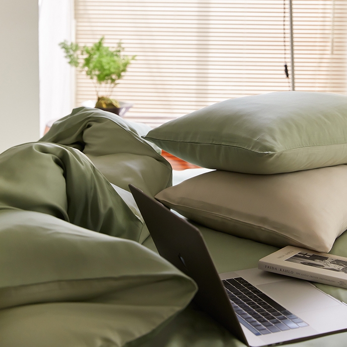 91家纺网 家纺一手货源 找家纺 禾时  2025新款奥地利进口兰精天丝莱赛尔四件套纯色双拼三件套 香奈儿绿-嫩叶绿