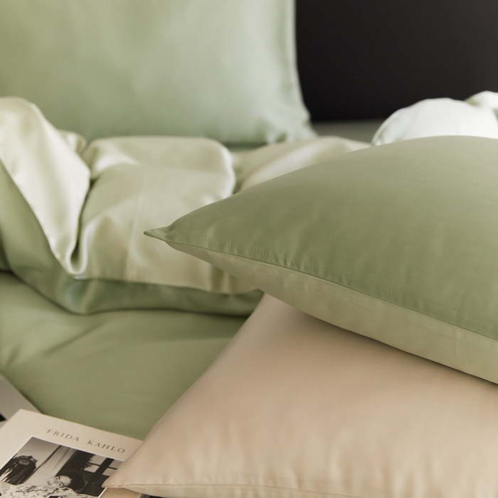 91家纺网 家纺一手货源 找家纺 禾时  2025新款奥地利进口兰精天丝莱赛尔四件套纯色双拼三件套 香奈儿绿-嫩叶绿