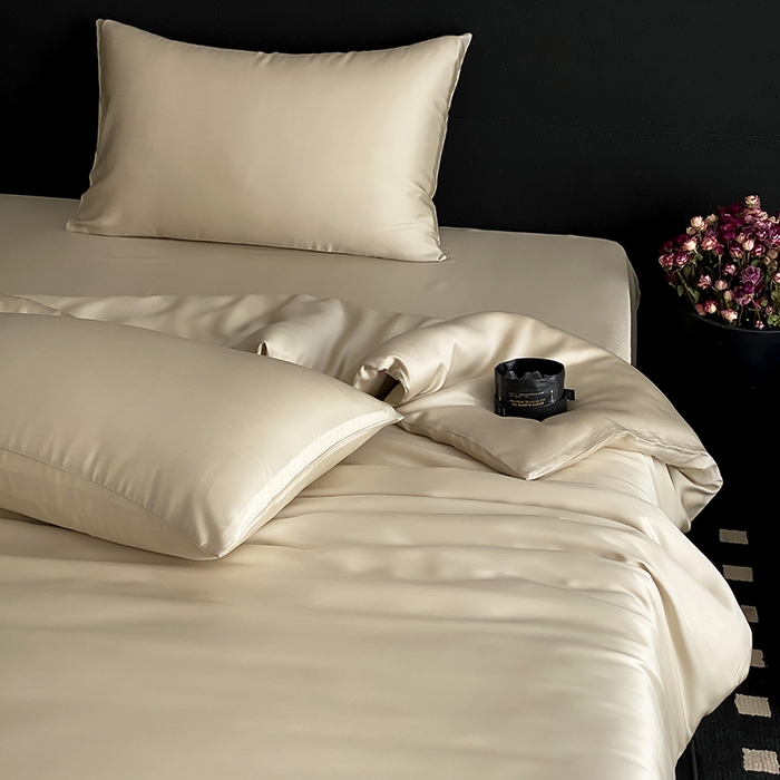 91家纺网 家纺一手货源 找家纺 禾时  2025新款奥地利进口兰精天丝莱赛尔四件套纯色双拼三件套 烟轻绿