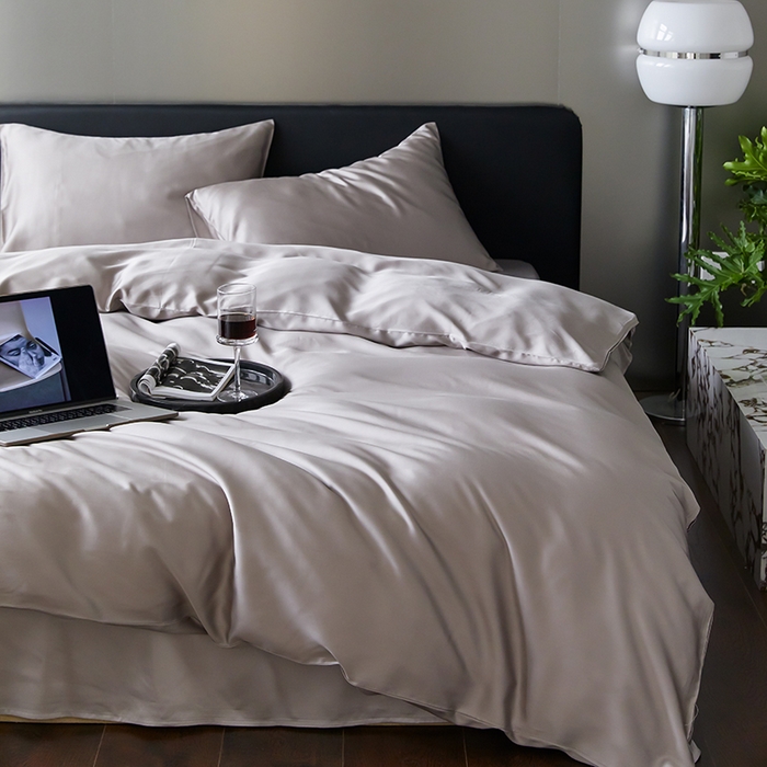 91家纺网 家纺一手货源 找家纺 禾时  2025新款奥地利进口兰精天丝莱赛尔四件套纯色双拼三件套 岩石灰