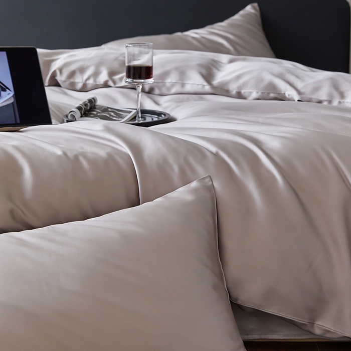 91家纺网 家纺一手货源 找家纺 禾时  2025新款奥地利进口兰精天丝莱赛尔四件套纯色双拼三件套 岩石灰